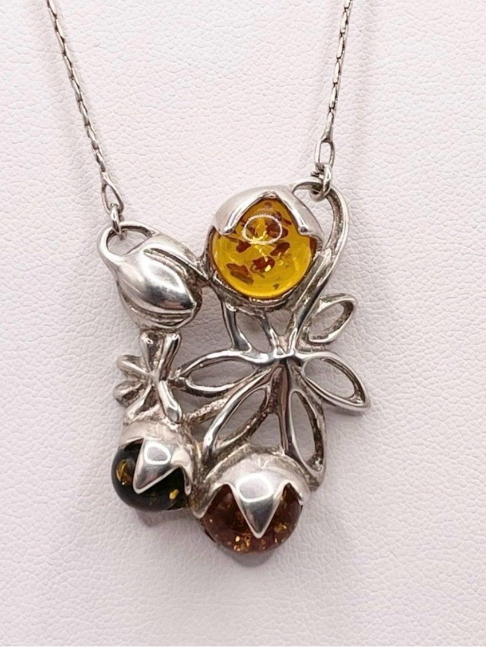 Sterling Silver Floral Baltic Amber Pendant necklace